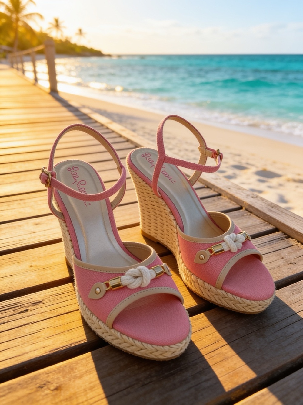 Lilly Pulitzer Coral Pink Rope-Trim Wedge Sandals size 9.5